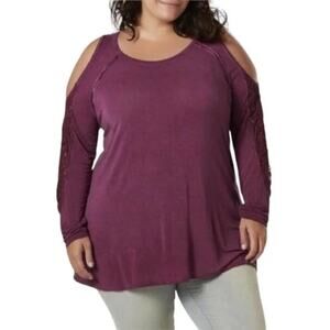 FOURTEENTH PLACE Cold Shoulder Crochet Long Sleeve Tunic Sz 1X Purple Oxford NWT